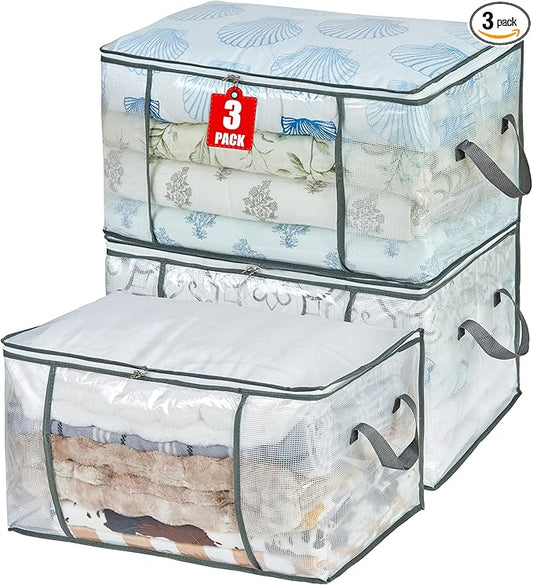 80L Clear Large Storage Bag, Clothes Storage Containers for Organizing Closet, Bedroom, Underbed, Comforters, Clothing, Blankets, Pillow, Foldable Organizer with Sturdy Handle and Zippers (3)-NeatNest