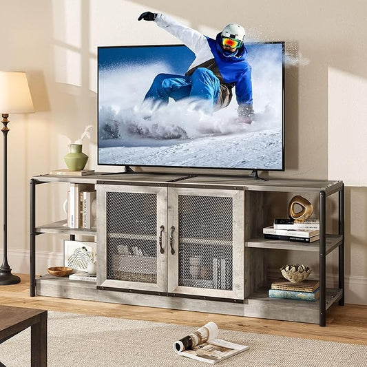 CABIHOME Farmhouse TV Stand for 65/75 Inch TVs, Entertainment Center with Storage Cabinet and Mesh Doors, Industrial Media Console Table, Furniture for Living Room, Light Grey-NeatNest