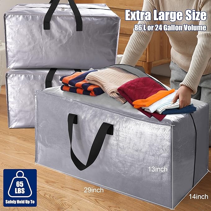 Cosy Family 12 Pack Heavy Duty Moving Bags with Backpack Straps - Strong Handles & Zippers, Storage Totes For Space Saving, Fold Flat, Alternative to Moving Box (X-Large-Set of 12, Silver)-NeatNest