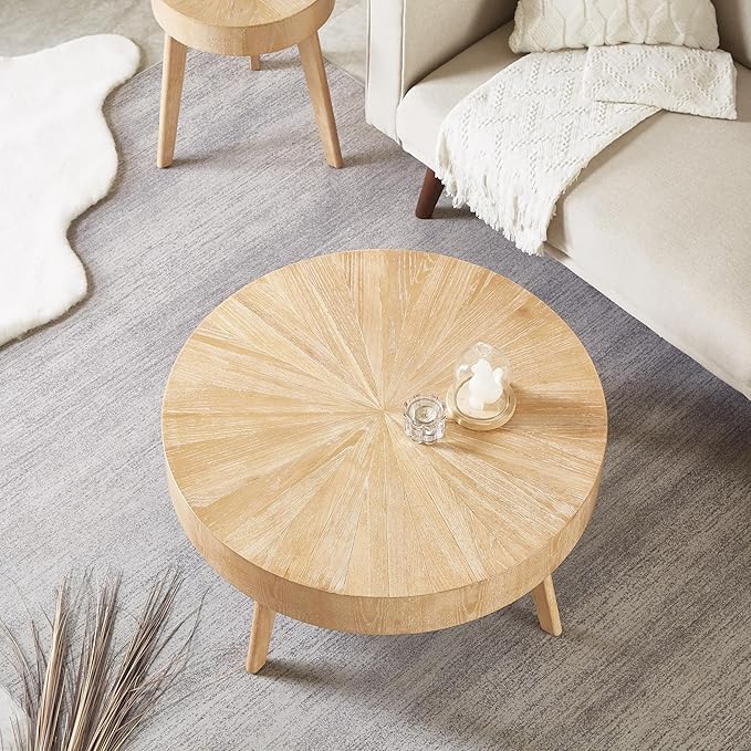 Gexpusm Round Wood Coffee Tables for Living Room, Farmhouse Circle Coffee Table, Rustic Mid Century Wooden Coffee Tables for Apartment, Easy Assembly (Only Coffee Table, 31.50" Dx31.50 Wx14.29 H)