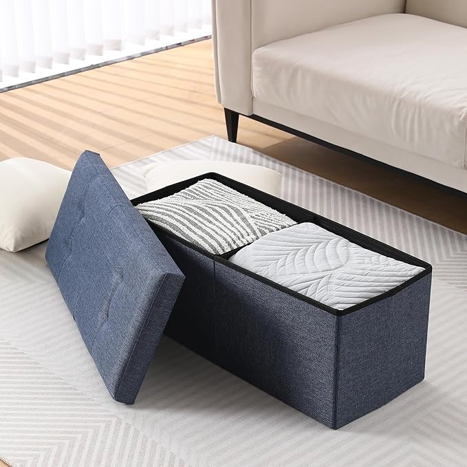 CUYOCA Storage Ottoman Bench Foldable Seat Footrest Shoe Bench End of Bed Storage with Flipping Lid, 75L Storage Space, 30 inches Linen Fabric Navy-NeatNest