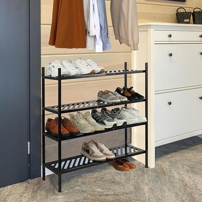 Shoe Rack, 4-Tier FreeStanding Shoe Shelf Stand, Stackable Shoe Storage Organizer for Closet, Holds up to 20-24 Pairs of Shoes for Entryway, Garage, Front Door Entrance, Metal, Black-NeatNest