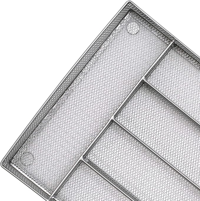 JANE EYRE Drawer Organizer, Cutlery Tray Silverware Flatware Storage Divider for Kitchen, Mesh Wire with Non-slip Foam Feet, 5 Component, Silver-NeatNest