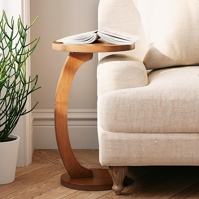 C Shaped Round End Table for Couch Small Place, Space Saver Side Table for Sofa, Living Room, Bedside Area, Coffee and Eating Snack Tray, Walnut Color-NeatNest