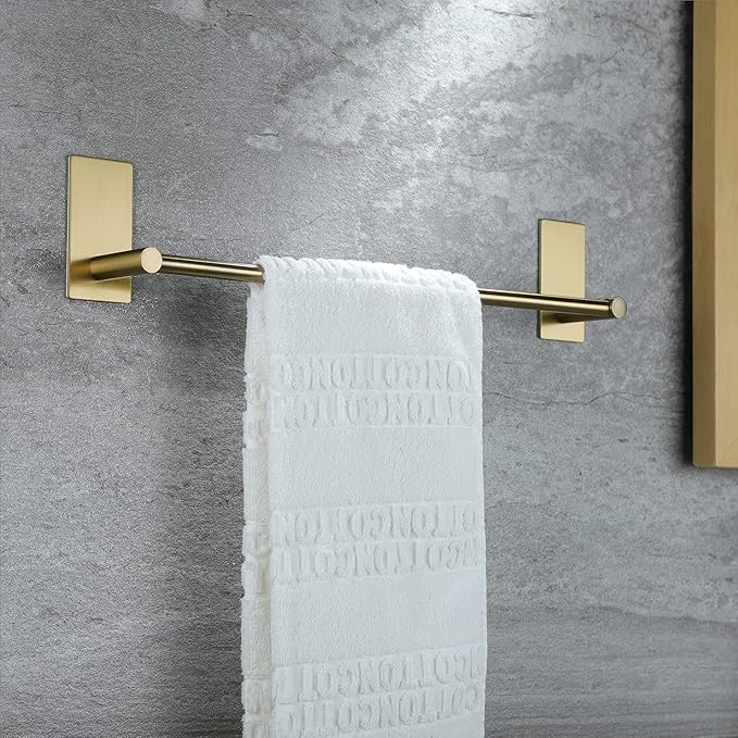 Taozun Golden Towel Bar Set- Self Adhesive Towel Holder + 2 Packs Towel Hooks Bathroom Accessories, 16-Inch Towel Rack for Bathroom Stainless Steel Brushed Brass