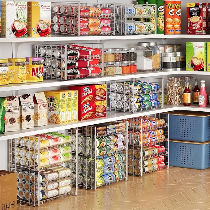 JKsmart 2-Tier Stackable Can Rack Organizer for Pantry, Adjustable Can Dispenser Holds Up to 62 Cans, Can Storage Holder for Various Ounces of Canned Food Soda Drinks, Silver, 2 Pack (Petent Pending)-NeatNest