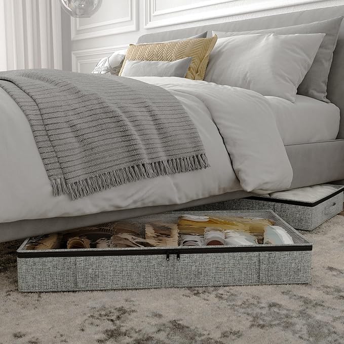 Gray Low Profile Under Bed Storage Containers 5 inches high, 33.8"x 17.7"x 5.1", Sturdy Underbed Shoe Storage Organizer, Foldable Fabric Under the Bed Storage Bins - Pack of 2-NeatNest