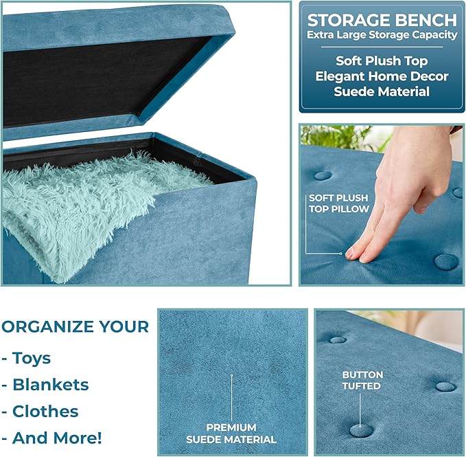 Sorbus Folding Ottoman - Foot Rest Cube, Bedroom Bench, Coffee Table, Shoe Storage, Foot Stool, Pouf - Teal Blue Suede Velvet-NeatNest