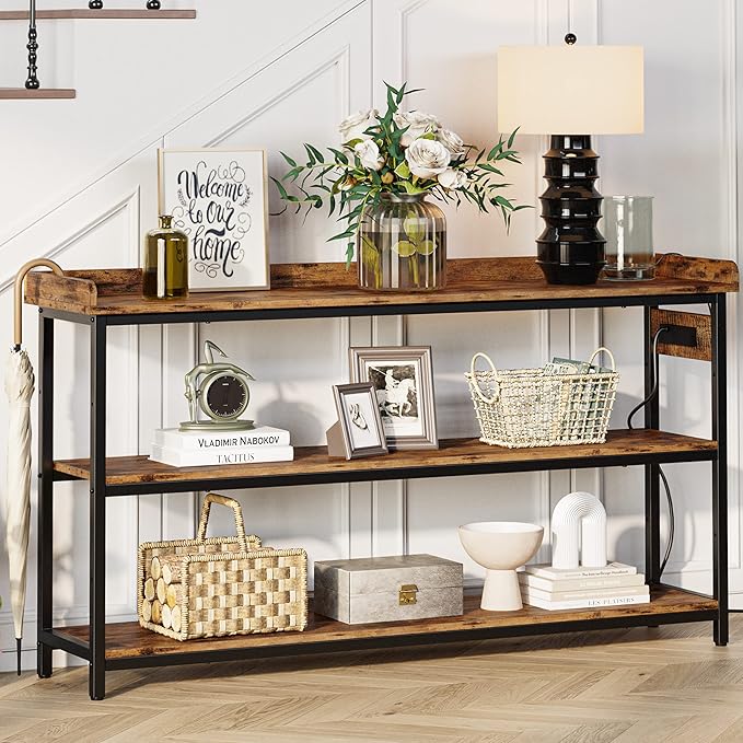 IRONCK Console Table, Sofa Table with Power Outlet, Farmhouse Hallway Table for Entryway, Living Room, Height Adjustable, Easy Assembly, Rustic Brown,55"-NeatNest