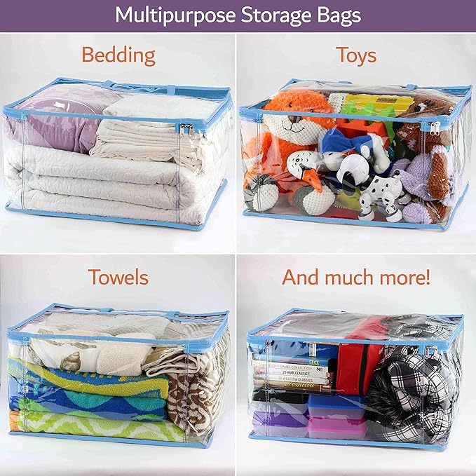 Clear Vinyl Zippered Storage Bags (3-Pack) 40L Sturdy Storage Bags for Sweaters, Blankets, Comforters, Bedding Sets and Much More! (Light Blue, 18x15x9)-NeatNest