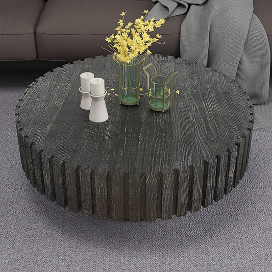 kevinplus 31.4'' Round Circle Coffee Table Modern Wood Coffee Table for Living Room, Contemporary Minimalist Fluted Drum Pedestal Style, Easy Assembly, Black