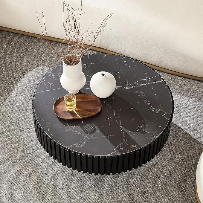 Coffee Table Stone Round 35.43'' for Living Room Modern Coffee Tables Wood Circle Drum Tea Fluted Solid Wooden Veneer Sintered Tabletop Handcraft Home Furniture for Apartment Easy Assembly Black-NeatNest