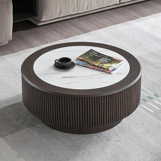 31.5" Round Coffee Table for Living Room,Modern Marble Pattern Small Table with Sturdy Pedestal,Dark Brown