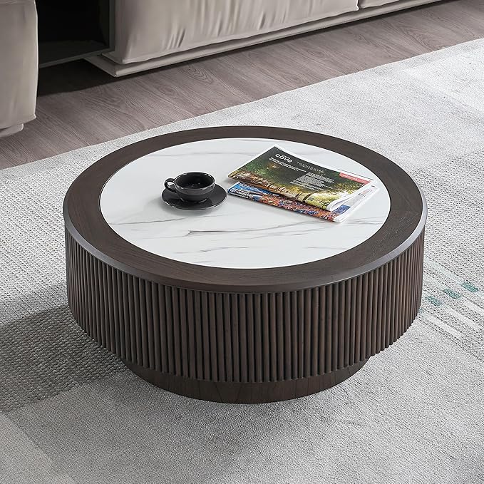kevinplus ø35.43'' Round Faux Marble Coffee Table & Side End Table Set of 2 for Living Room, Modern Contemporary Circle Drum Embossment Fluted Pedestal Wooden Design, No Assembly (Dark Brown, 2-Pcs)