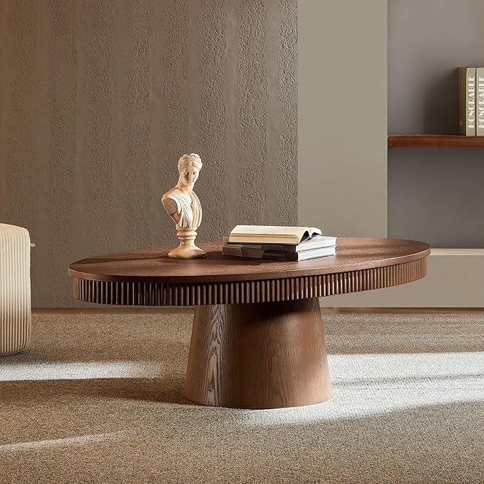 Coffee Table Modern Oval Wood Coffee Tables Mid Century Center Fluted Farmhouse Drum Tea Boho Wooden for Living Room Apartment Home Office Walnut 47.24" W x 26.77" D x 15.86" H-NeatNest