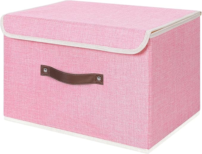 ANMINY Storage Bin with Lid Storage Boxes with PU Leather Handles PP Plastic Board Decorative Foldable Lidded Cotton Linen Fabric Home Cubes Baskets Closet Organizer Container - Pink, Large Size-NeatNest