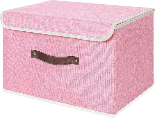 ANMINY Storage Bin with Lid Storage Boxes with PU Leather Handles PP Plastic Board Decorative Foldable Lidded Cotton Linen Fabric Home Cubes Baskets Closet Organizer Container - Pink, Large Size-NeatNest