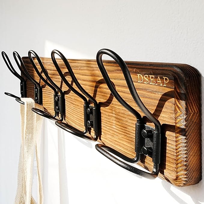 Dseap Coat Rack Wall Mounted - Heavy Duty Farmhouse Rustic Wall Coat Hanger with 5 Wire Hooks for Clothes Hat Jacket Towel, RusticWire, G25A, Rustic Brown & Black-NeatNest