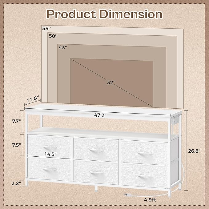 Huuger LED TV Stand for Bedroom, 47 Inch Dresser TV Stand for 43, 50, 55 Inch TV, White TV Stand with Storage, Entertainment Center with Power Outlets, 6 Drawer Fabric Dresser for Living Room-NeatNest