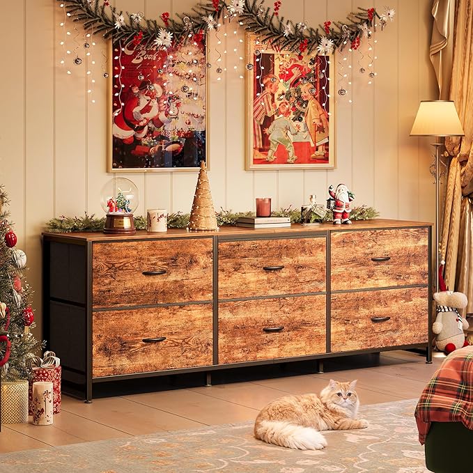 Huuger 63 Inch Long Dresser for Bedroom, Wide TV Stand for 55, 65, 70 Inch TV, 6 Drawer Dresser for Closet with Fabric Drawers, Storage Organizer for Bedroom, Entryway, Rustic Brown-NeatNest