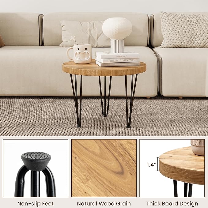 Fun Memories Round Coffee Table - Elm Wood Nesting Table with Metal Legs & Non Slip Feet Base - Rustic Nesting End Tables for Living Room Bedroom - 20" D x 20" W x 16" H - Natural Color