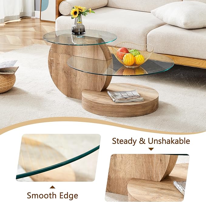 Glass Coffee Tables Round Coffee Tables for Living Room Modern 3 Tier Round Table Circle Coffee Table for Small Space Home Office (35.4 Inch Light Wood)
