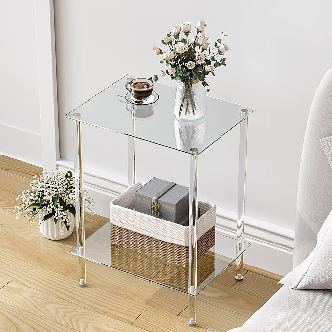 empered Glass Side Tables Set of 2 Acrylic End Table with 2 Storage Shelve transparent Bedside simplicity clear 2-Tier Nightstands small Spaces Office Bedroom Living Room Study Transparent ET-008TR