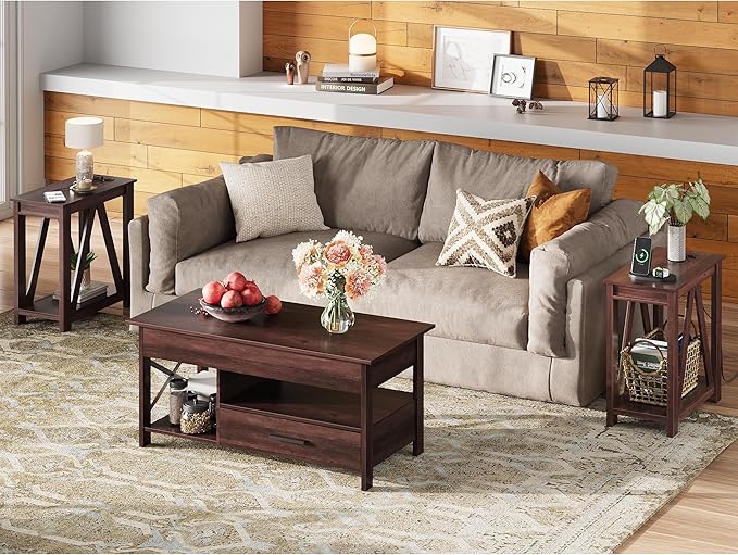 WLIVE End Tables Living Room Set of 2 with Charging Station, Sofa Side Tables with Open Storage Shelf, Slim Farmhouse End Table Sets, Espresso