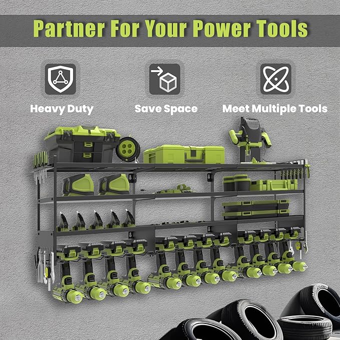 50''W Large Power Tool Organizer Wall Mount, Heavy Duty 4 Tier 12 Drill Holder Loads 600lbs, Garage Tool Organizer and Storage, Suitable Tool Rack for Workshop, Workbench