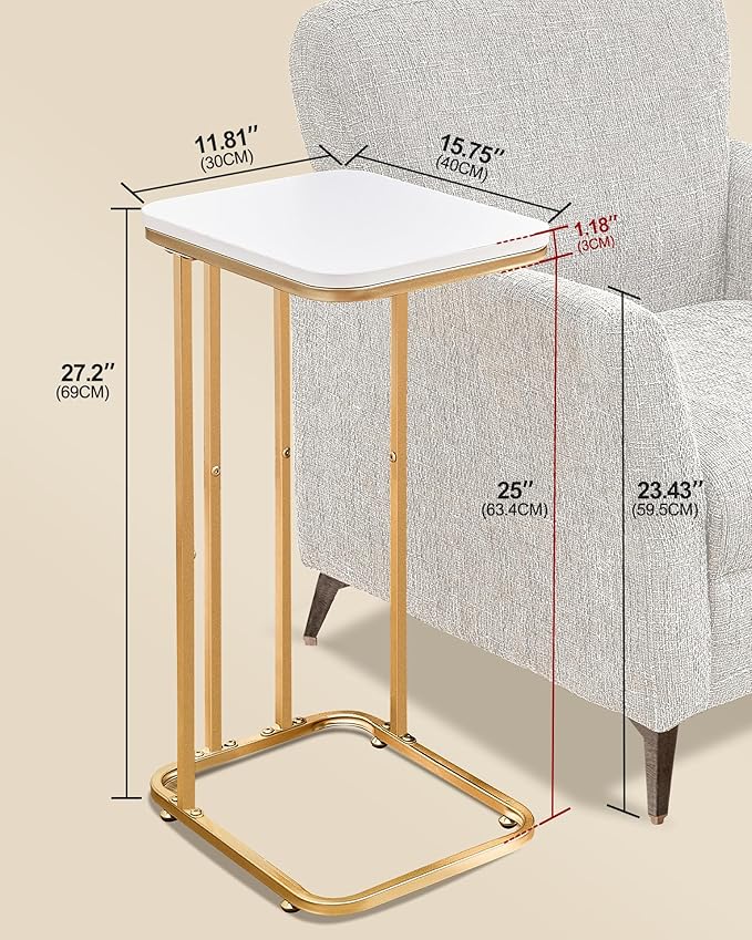 C Shaped End Table, 27 inches High Side Table for Couch Sofa Bed, Small Tv Tray, for Living Room, Bedroom, Metal Frame, Gold & White
