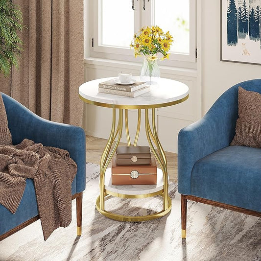 Tribesigns Round Side End Table 2-Tier End Tables Modern Bedside Table Small Chirside Tables with Storage for Couch Side, Nightstand with Metal Frame for Living Room (1, White+Gold)