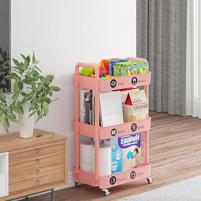 Laiensia 3-Tier Rolling Cart with Wheels,Multifunction Utility Storage carts, Kitchen Storage Organizer,Mobile Shelving Unit for Bathroom,Laundry,with Classified Stickers,Pink-NeatNest