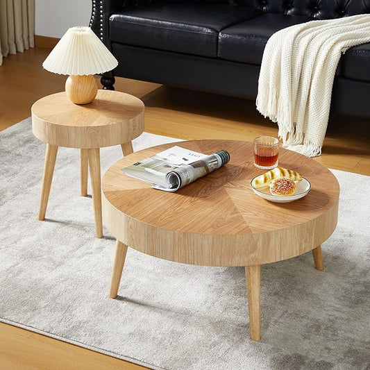 Farmhouse Round Coffee Table Set of 2, Rustic Sofa Side End Tables w/Wood Finish, Nesting End Table Set for Living Room, Bedroom (Natural)