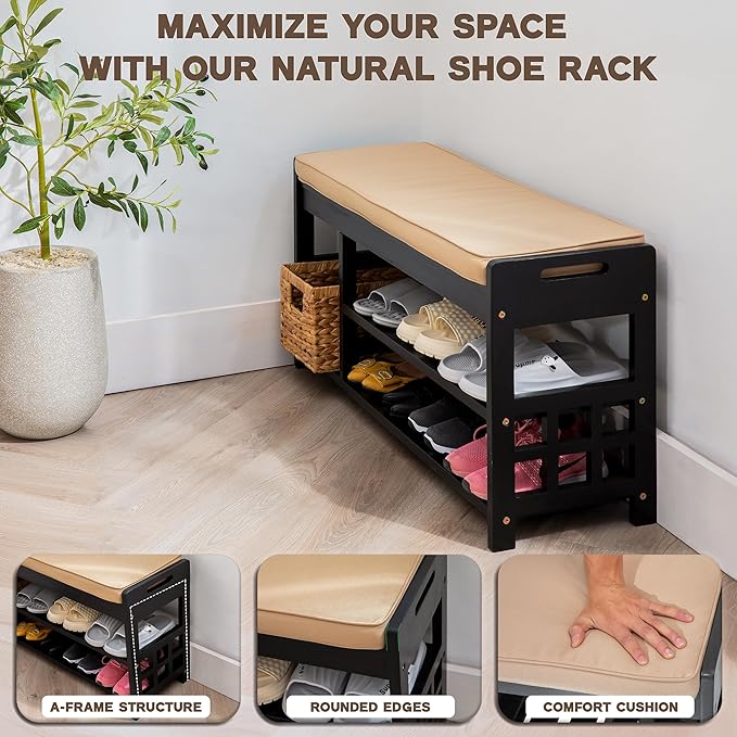 Wooden Shoe Rack with Bench Seat - Black Acacia Wood Entryway Organizer with Cushioned Top & Easy-Move Handles - Multi-Level Shoe Shelf (39.4 x 11.6X 19.29)-NeatNest