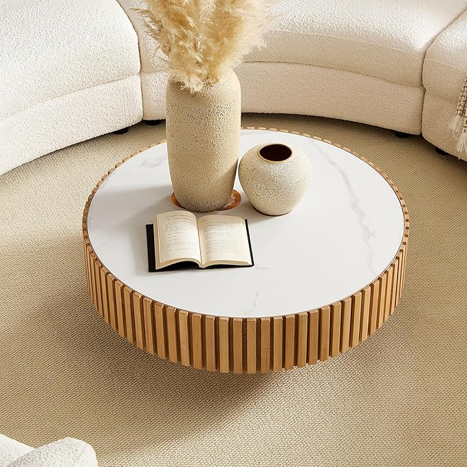 Coffee Table Stone Round 35.43'' for Living Room Modern Coffee Tables Wood Circle Drum Tea Fluted Solid Wooden Veneer Sintered Tabletop Handcraft Home Furniture for Apartment Easy Assembly Oak-NeatNest