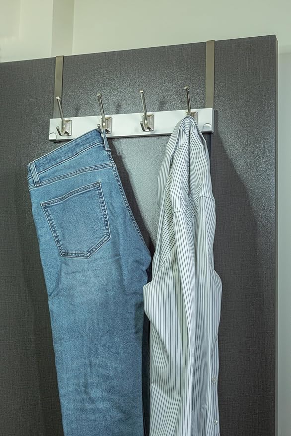 creathome Dual-Purpose Wooden Hanger with 4 Robben Hooks White Color, Behind/Over The Door Towel Rack for Bathroom, Heavy Duty Wall Mounted Coat Rack, No Drilling