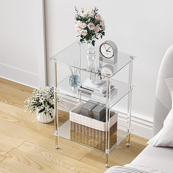 Tempered Glass Side Tables Set of 2 Acrylic End Table with 3 Storage Shelve transparent Bedside simplicity clear 3-Tier Nightstands small Spaces Office Bedroom Living Room Study Transparent ET-008TR3T
