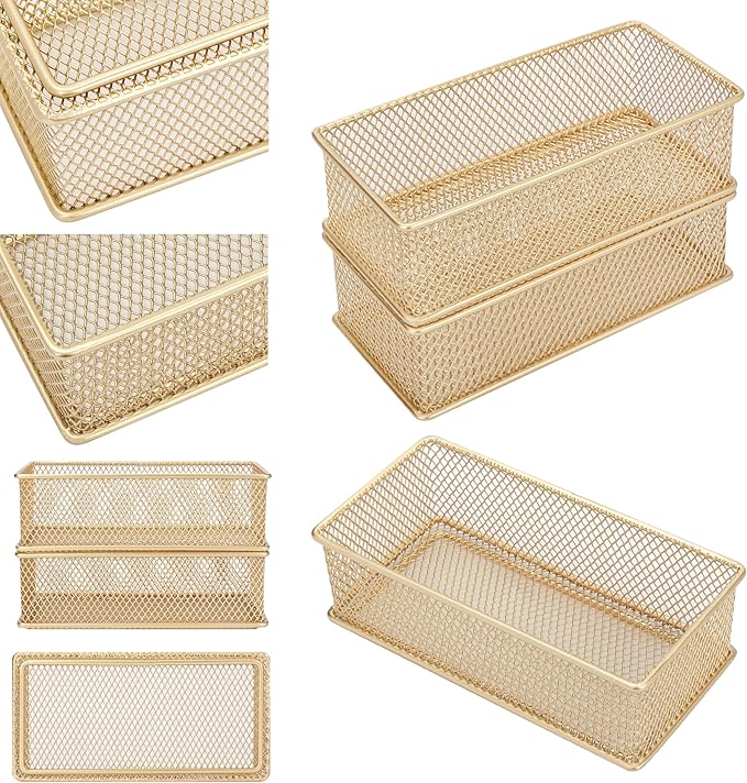 Annova Mesh Stackable Drawer Cabinet and Shelf Organizer Bins Storage Basket School Office Supply Holder Tray- Set of 2 (Gold, 3x6x2 Inch)-NeatNest