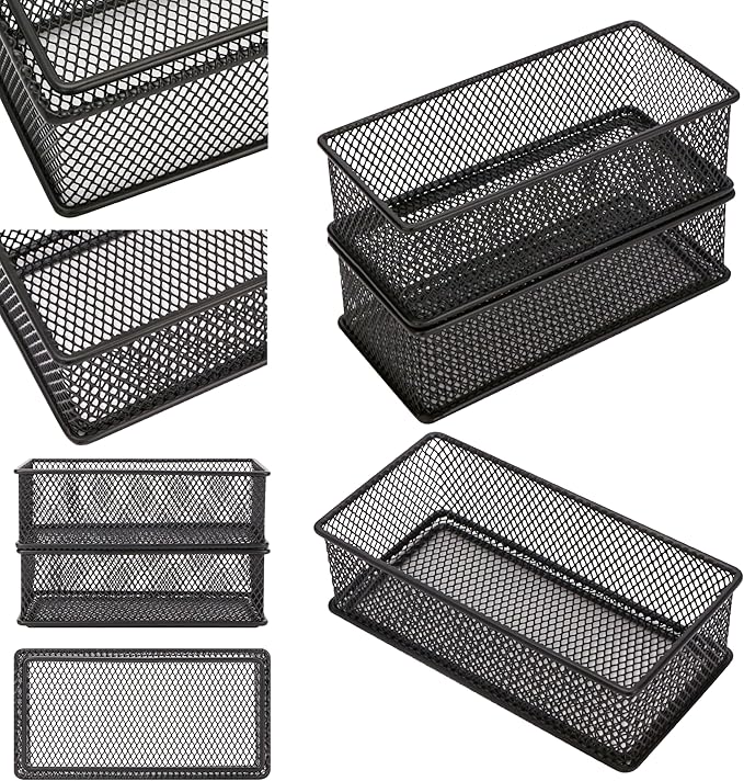 Annova Mesh Drawer Cabinet and Shelf Organizer Bins Storage Basket School Office Supply Holder Tray- Set of 2 (Black, 3x6x2 Inch)-NeatNest