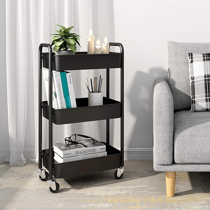 CAXXA 3-Tier Rolling Metal Storage Organizer - Mobile Utility Cart, Kitchen Cart with Caster Wheels (Black)-NeatNest