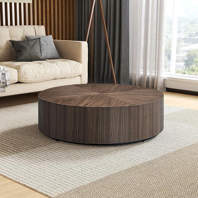 35.43" Round Coffee Table, Modern Drum Coffee Table Wood Side Table Accent End Table Circle Center Table for Living Room Apartment, No Need Assembly, Walnut