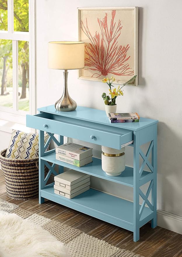 Convenience Concepts Oxford 1-Drawer Console Table 39.5" - Farmhouse Sofa Display with Storage Shelf For Living, Family, & Dining Room, Modern Entryway Hall Table for Kitchen, Bedroom, Sea Foam Blue-NeatNest