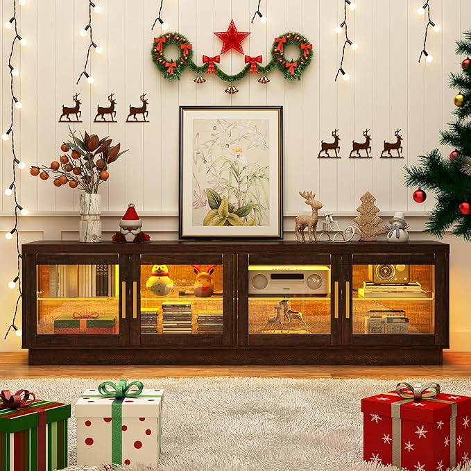 71IN LED TV Stand for 85/80/75inch TV,High Glossy Wooden Farmhouse TV Stands for Living Room,TV Gaming Entertainment Center with Storage Cabinet,RGB LED(Brown)-NeatNest