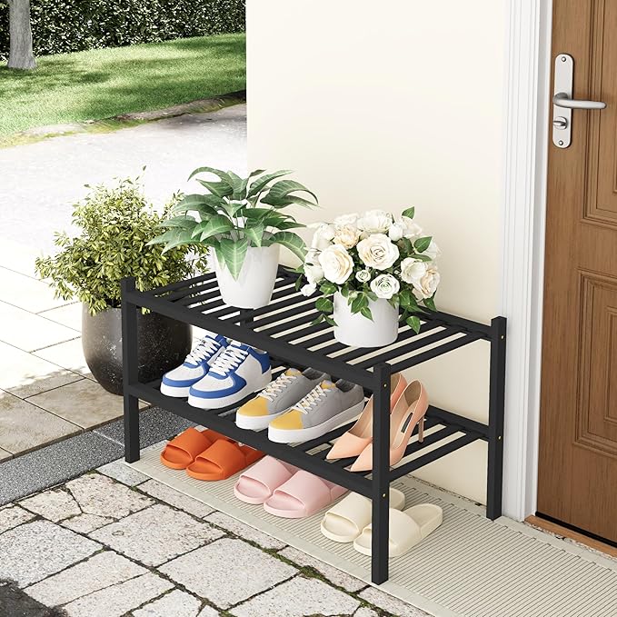 Smiry Shoe Rack, 2 Tier Thick Bamboo Shoe Organizer, Stackable Free Standing Wooden Shoe Storage Shelf for Closet, Entryway, Front Door Entrance, Black-NeatNest