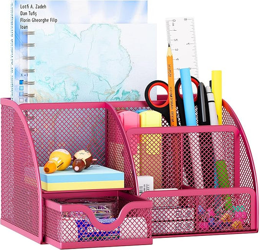 EasyPAG Mesh Desk Organizer, Multi-functional Stationery Organizer for School Supplies, Office Pen Holder for Desk, 6 Compartments Dorm Organization with Drawer, Pink