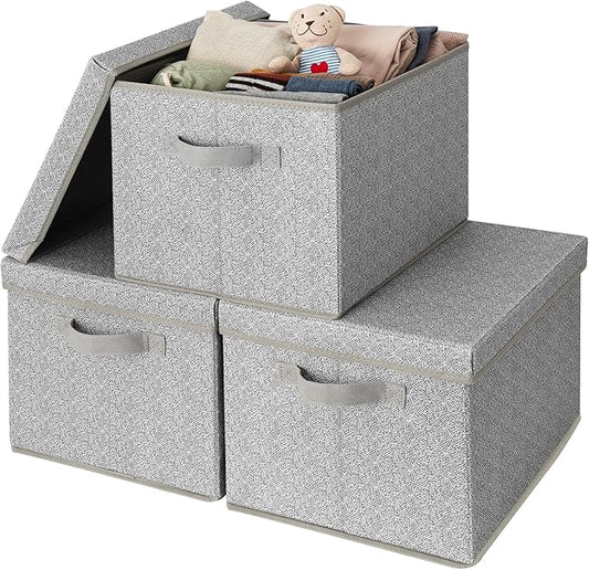 GRANNY SAYS Storage Boxes with Lids, Set of 3 Fabric Boxes with Lids, Grey Storage Box for Clothes, Fabric Containers, Large Fabric Boxes for Closet-NeatNest