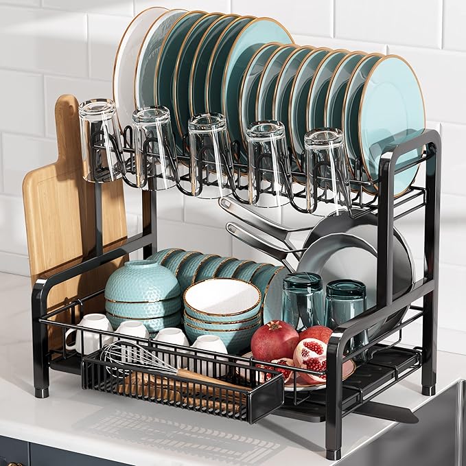 BOOSINY Dish Drying Rack and Drainboard Set for Kitchen Counter, 2 Tier Large Stainless Steel Sink Organizer Dish Racks with Cups Holder, Utensil Holder, Black Dish Strainer Shelf-NeatNest