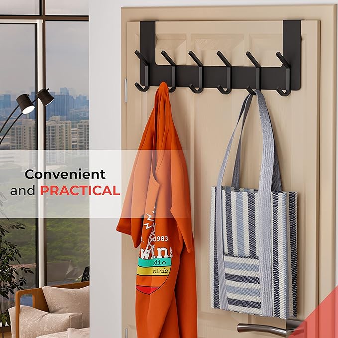 Matte Black Over The Door Hooks – Heavy Duty Stainless Steel Door Hanger with 6 Double Hooks for Hanging Towels, Coats, Robes, Hats, Bags – No Drill Over Door Towel Rack for Bathroom & Bedroom