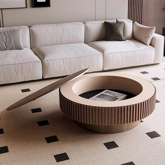 kevinplus 39.37'' Walnut Round Coffee Table Modern Wood Circle Fluted Drum Pedestal Coffee Table with Storage Space for Living Room, Easy Assembly, Walnut