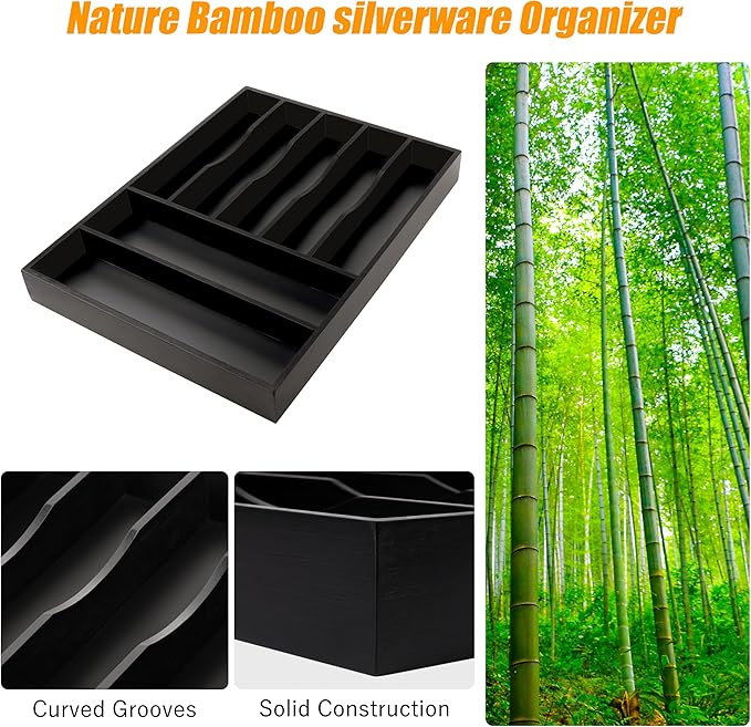 Bellsal Bamboo Silverware Drawer Organizer, Utensil Kitchen Drawer Organizer, Utensil Holder Cutlery Tray with Grooved Drawer Dividers for Kitchen Utensils and Flatware Bedroom Office (7 Slot, Black)-NeatNest